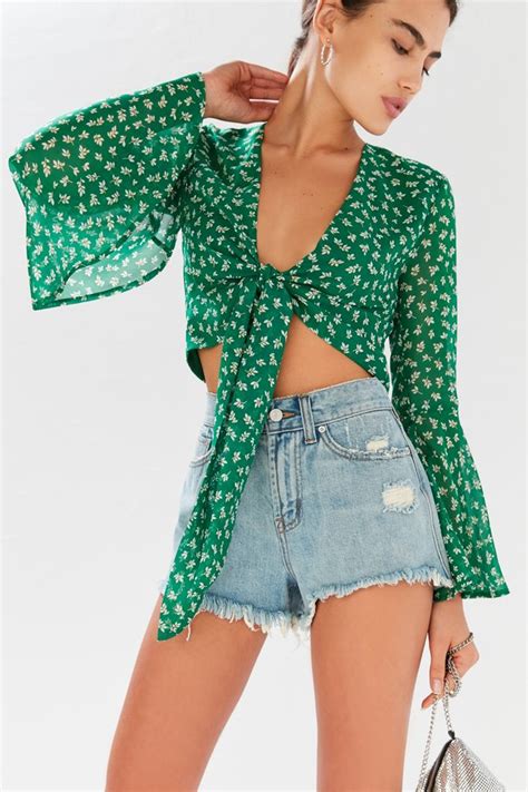 Uo Tie Front Bell Sleeve Cropped Top Urban Outfitters Canada
