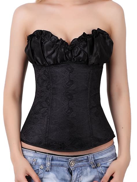Easy Return 3 5 Days Delivery Womens Floral Black Lace Trim Corset Overbust Waist Cincher