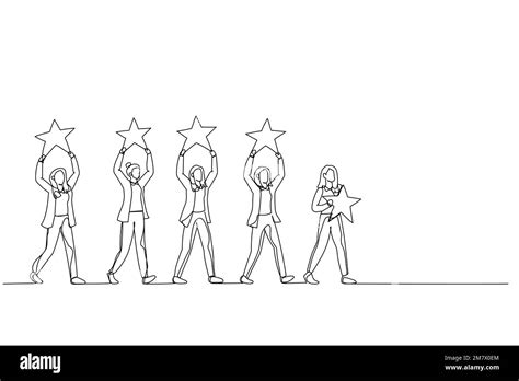Cartoon of businesswoman giving a five star rating. Continuous line art