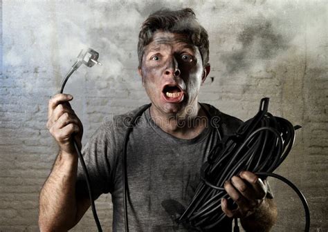 Untrained Man Cable Suffering Electrical Accident With Dirty Burnt Face