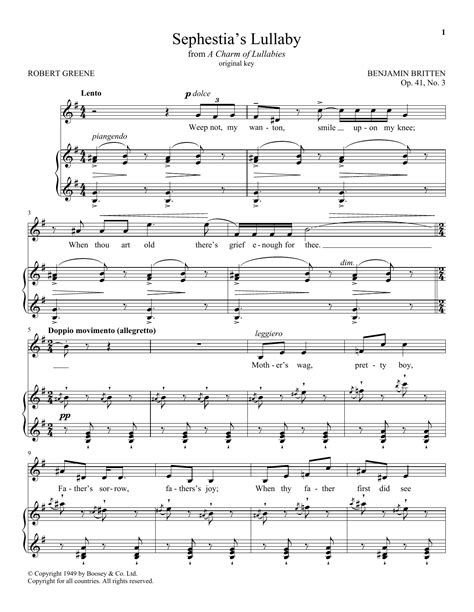 Sephestias Lullaby Sheet Music Benjamin Britten Piano And Vocal