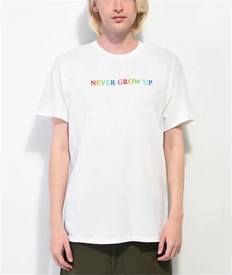 미국 Benitez by Baylen Levine Never Grow Up White T Shirt 남녀공용 크루넥 티셔츠 상품 상세 크로켓