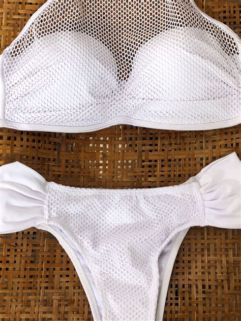 Biquíni Branco Com Detalhes Em Tela Moda Praia Feminina Nunca Usado