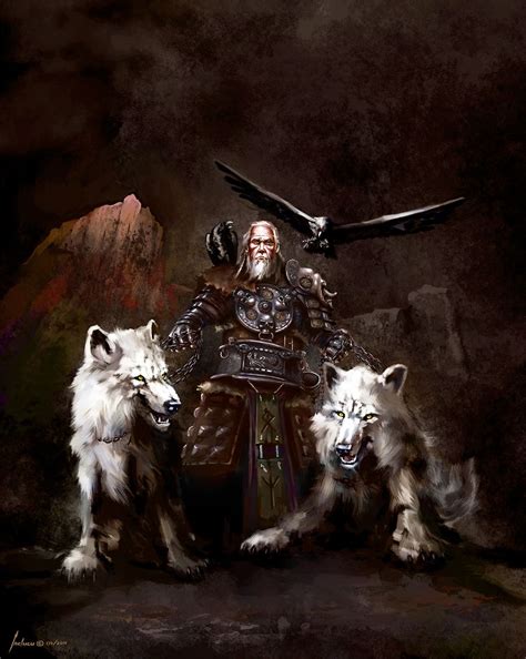 Odin Along With His Wolves Geri And Freki And His Ravens Huginn And
