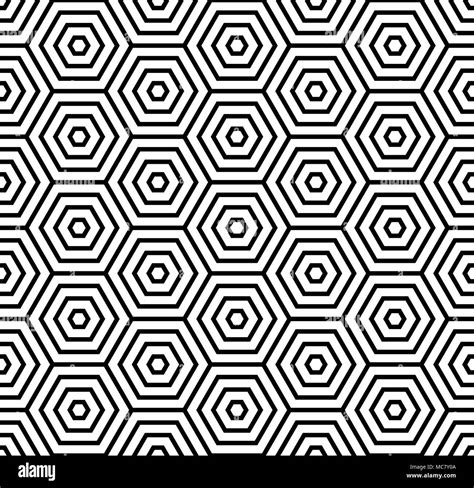 Seamless Pattern With Black White Hexagons And Striped Lines Optical