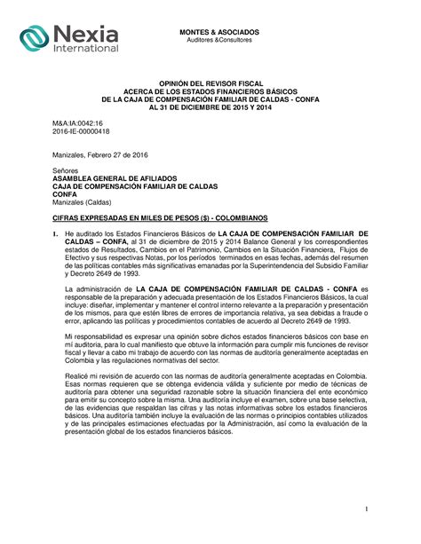 Dictamen DE Revisoria Fiscal Confamiliares DIC DE 2015 2014 1 1 1