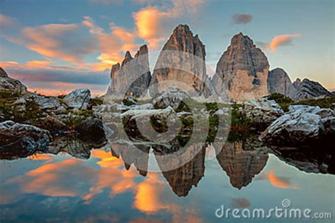 Tre Cime Di Lavaredo At Beautiful Sunrise Italy Europe Stock Photo