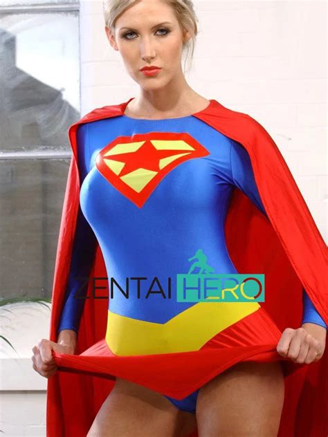 New Arrival Women S Spandex Bodysuits Sexy Blue Supergirl Lady Super Hero Zentai Catsuit Lycra
