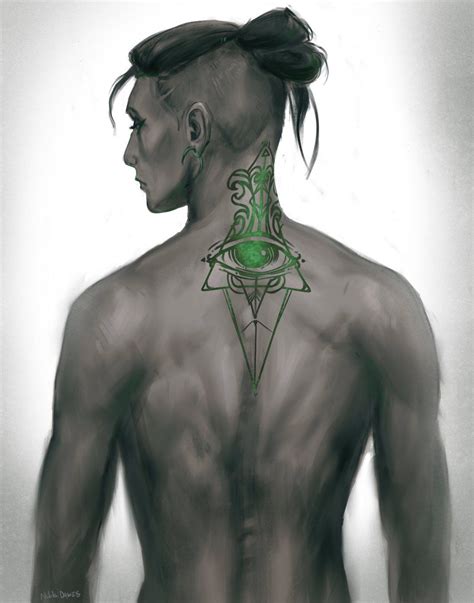 A Drawing Of A Man With Tattoos On His Back