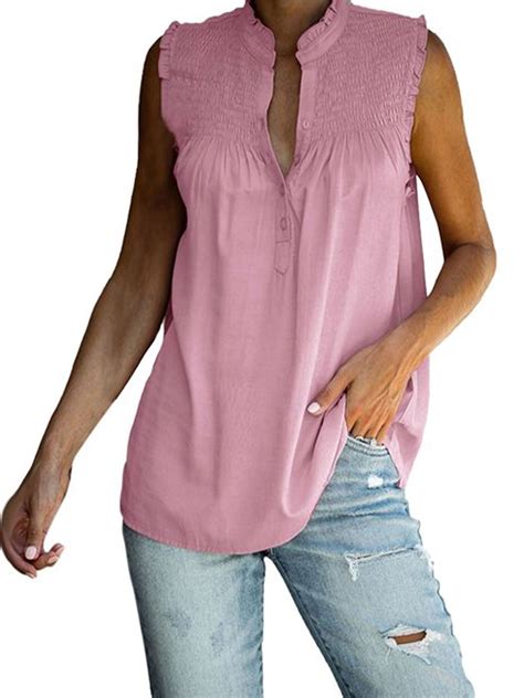 Luxtrada Sleeveless Women Tops Dressy Casual Smocked Flowy Button Up