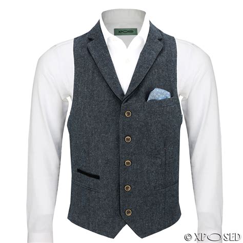 Mens Waistcoat Wool Mix Herringbone Tweed Check Velvet Collar Smart