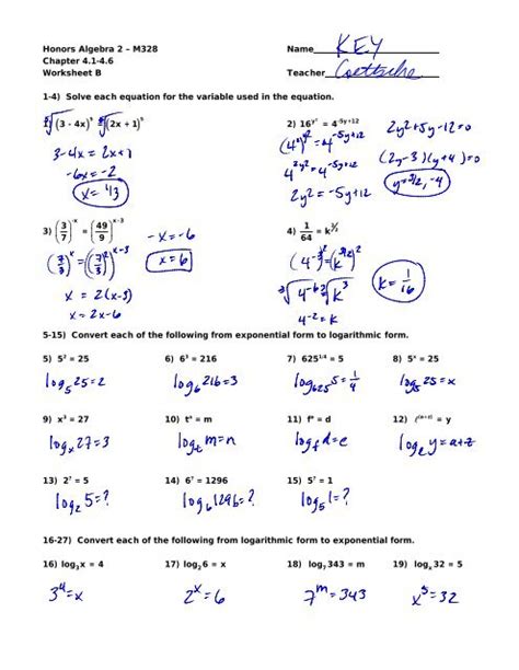 Algebra 2 Worksheet Section 7 5 Solving Exponential And Log Equations