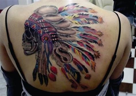 American Native Colored Indian Chief Skull Tattoo On Upper Back Tattooimagesbiz