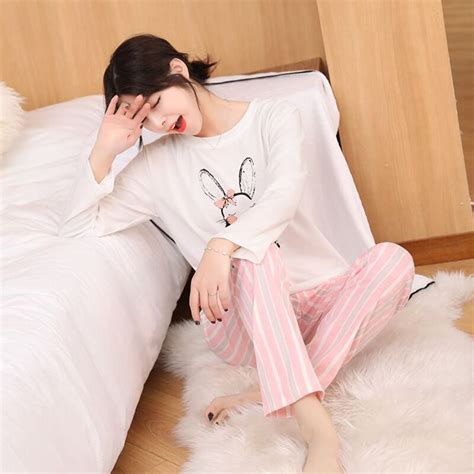 Spring Cute Rabbit Pajamas Suit With Eye Mask Women Long Pants O Neck