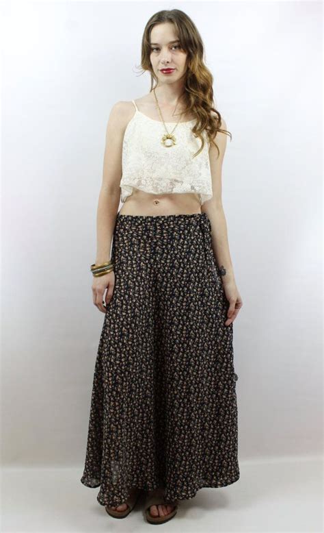 Vintage 90s Soft Grunge Black Floral Maxi Wrap Skirt Fits Ml Best By