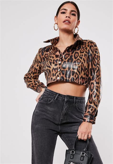 Petite Brown Faux Leather Leopard Print Cropped Jacket