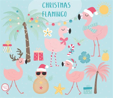 Art And Collectibles Xmas Flamingo Fun Printable Digital Clipart Set