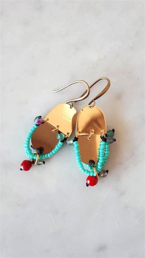 Tribal Chandeliers Brass Half Moon Earrings Gold Beaded Earrings