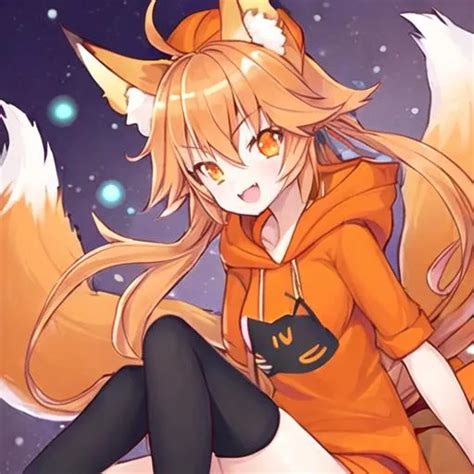 1girl fox ears happy face fox tail orange hoodie openart