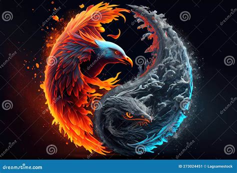 Fire Phoenix And Ice Dragon In The Yin And Yang On Dark Background
