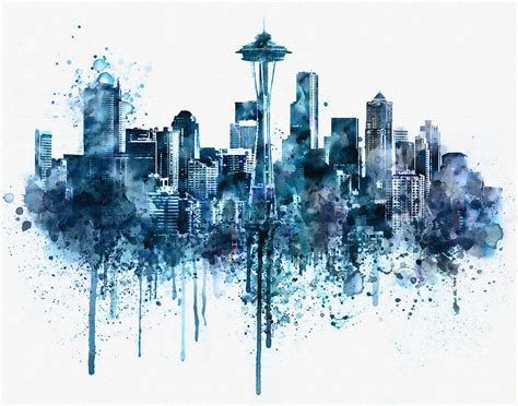 Seattle Skyline Monochrome Watercolor Digital Art By Marian Voicu