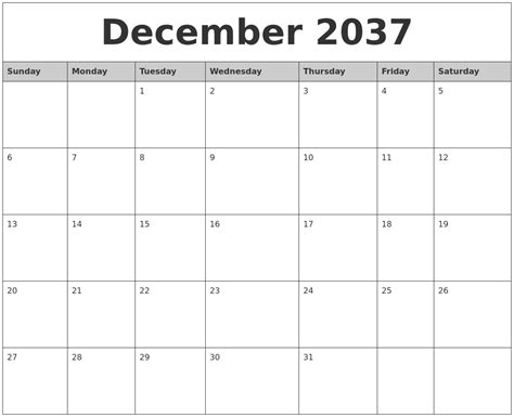 December 2037 Monthly Calendar Printable