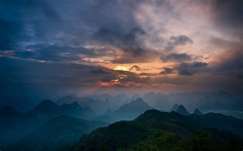 Nature Sunrise Mountain Mist Guilin China Sky