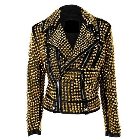 Handmade Leather Woman Jacket Golden Studded Jacket Rock Style Studded