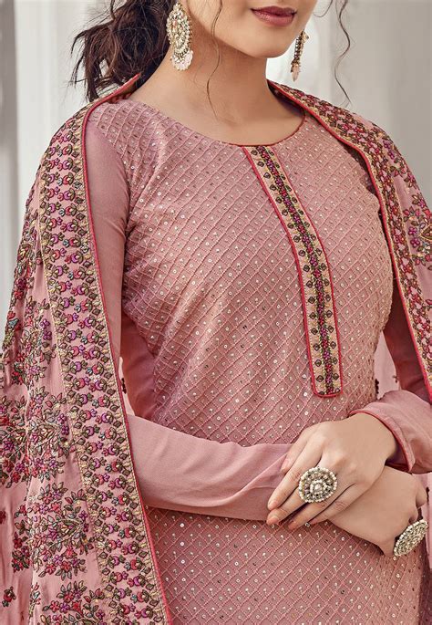 Embroidered Georgette Pakistani Suit In Peach Kch7071