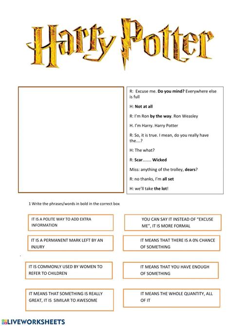 English Slangs With Harry Potter Worksheet Harry Potter Harry Potter