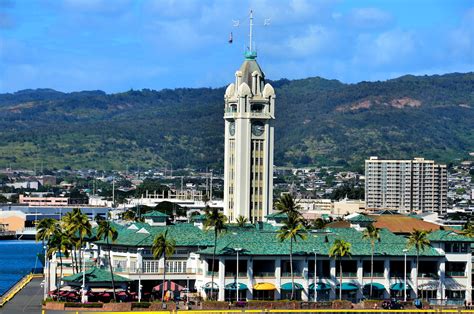 Aloha Tower And Mountains In Honolulu Oahu Hawaii Encircle Photos