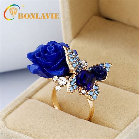New Women Resin Rose Flower Ring Big Crystal Butterfly Finger Rings Vintage Boho Alloy Rings
