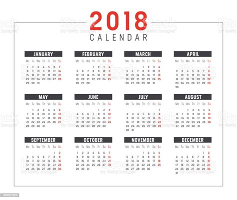 Year 2018 Calendar Vector Template Stock Illustration Download Image