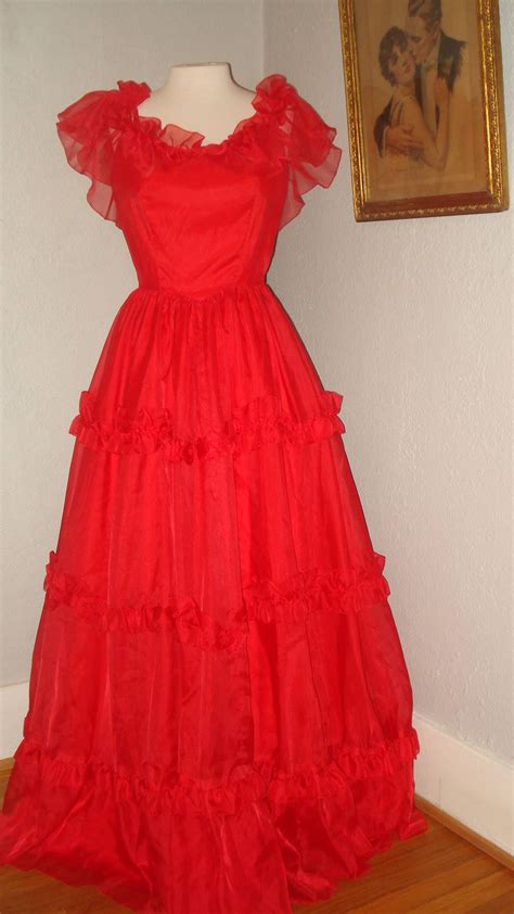 Vintage Rose Red Ruffle Southern Belle Prom Party Dress Size 10 Princess Gown Little Bo Peep