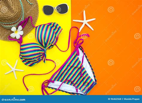 summer fashion woman swimsuit bikini tropical sea unusual top view colorful background stock