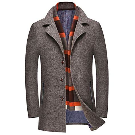 Wulful Men’s Wool Trench Coat Winter Slim Fit Pea Coat With Free Removable Plaid Scarf Trench