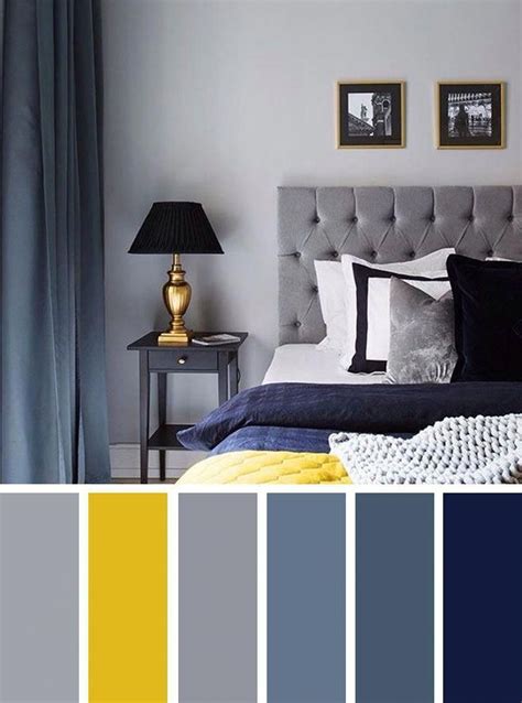 This beautiful yellow and gray living room features a gray love seat, a mustard yellow sofa, a black velvet wingback chair placed on a light gray rug around a coffee table. The Best Color Schemes for Your Bedroom - Navy blue grey ...