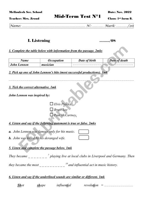 Mid Term Test Esl Worksheet By Rajaa03