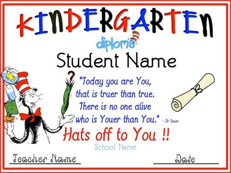For teens graduating from high school, the book is a sweet reminder of their waning adolescence. Cat in the Hat Kindergarten Graduation Diploma | Cats ...