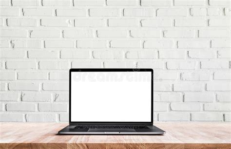 Modern Computerlaptop With Blank Screen On White Wall Brick Stock