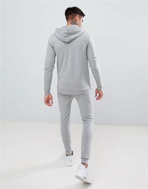 Asos Cotton Tracksuit Muscle Zip Up Hoodieextreme Super Skinny Joggers In Grey Marl In Gray For