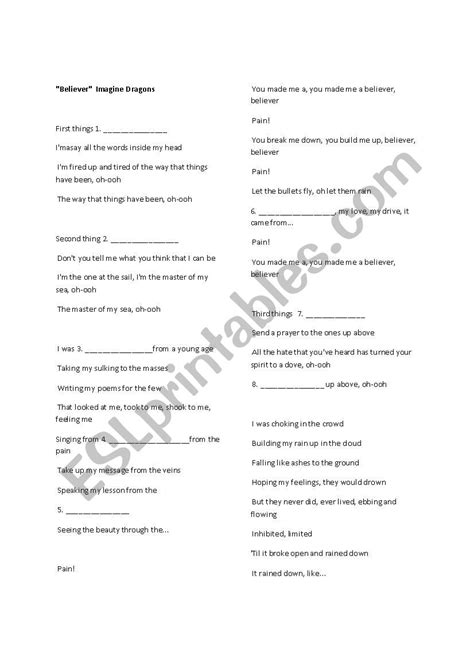 Believer Imagine Dragons Esl Worksheet By Morkpaz