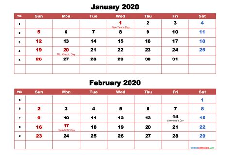 January And February Calendar 2020 Printable Word Pdf