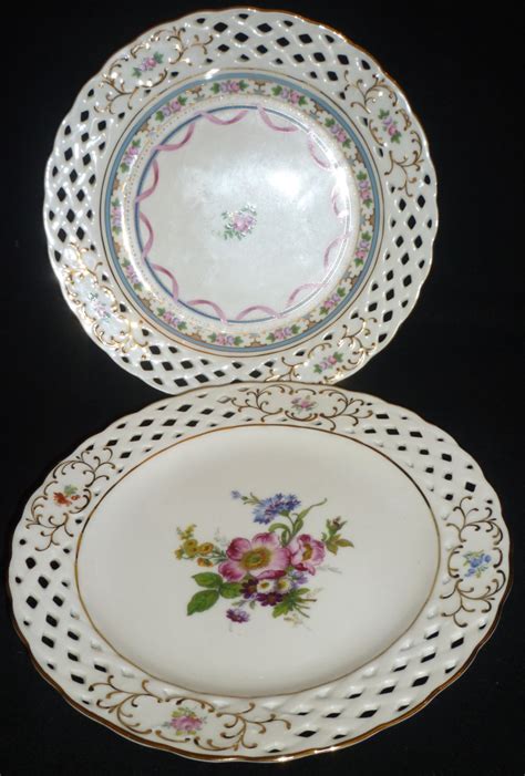 Vintage Porcelain Laced Edge Flower Design Decorative Plate Set Of 2