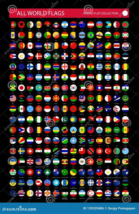 Flat Round Icons Of All World Flags Isolated On Black Background Stock