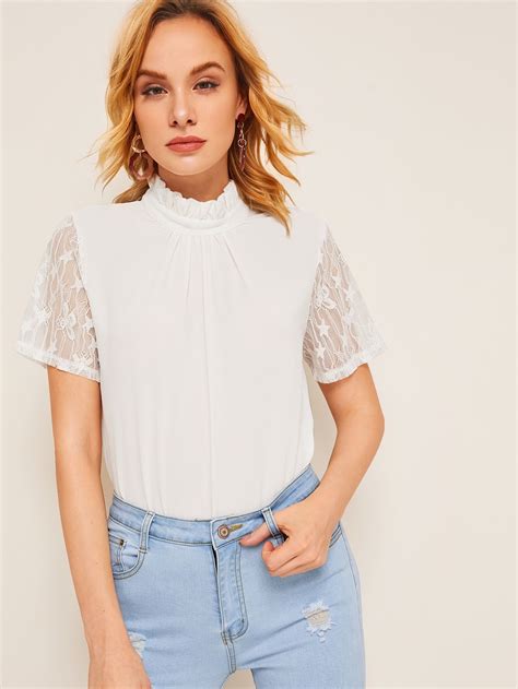 Contrast Lace Ruffle Trim Blouse Check Out This Contrast Lace Ruffle Trim Blouse On Shein And