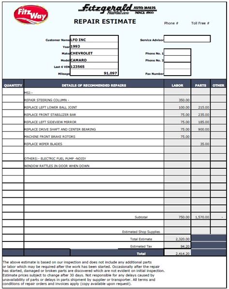 Repair Estimate Template Pdf Download 11 Printable Samples