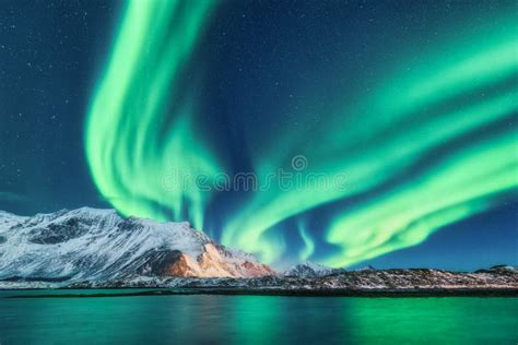 Aurora Borealis Nas Ilhas De Lofoten Noruega Aurora Boreal Verde Acima