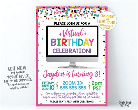 virtual birthday party invitation virtual party invitation video cha rainy lain designs llc
