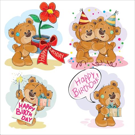 Set Of Vector Clip Art Illustrations Of Brown Teddy Bear Wishes You A